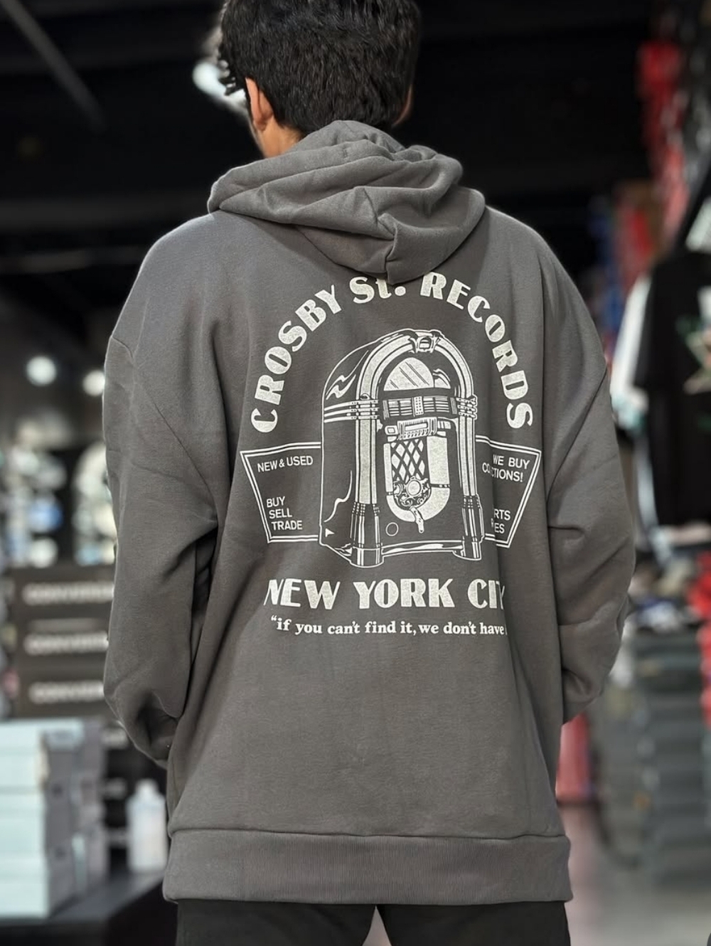 Hollister Men Large Relaxed Fit Gray Graphic Pullover Hoodie Sweatshirt Records‎